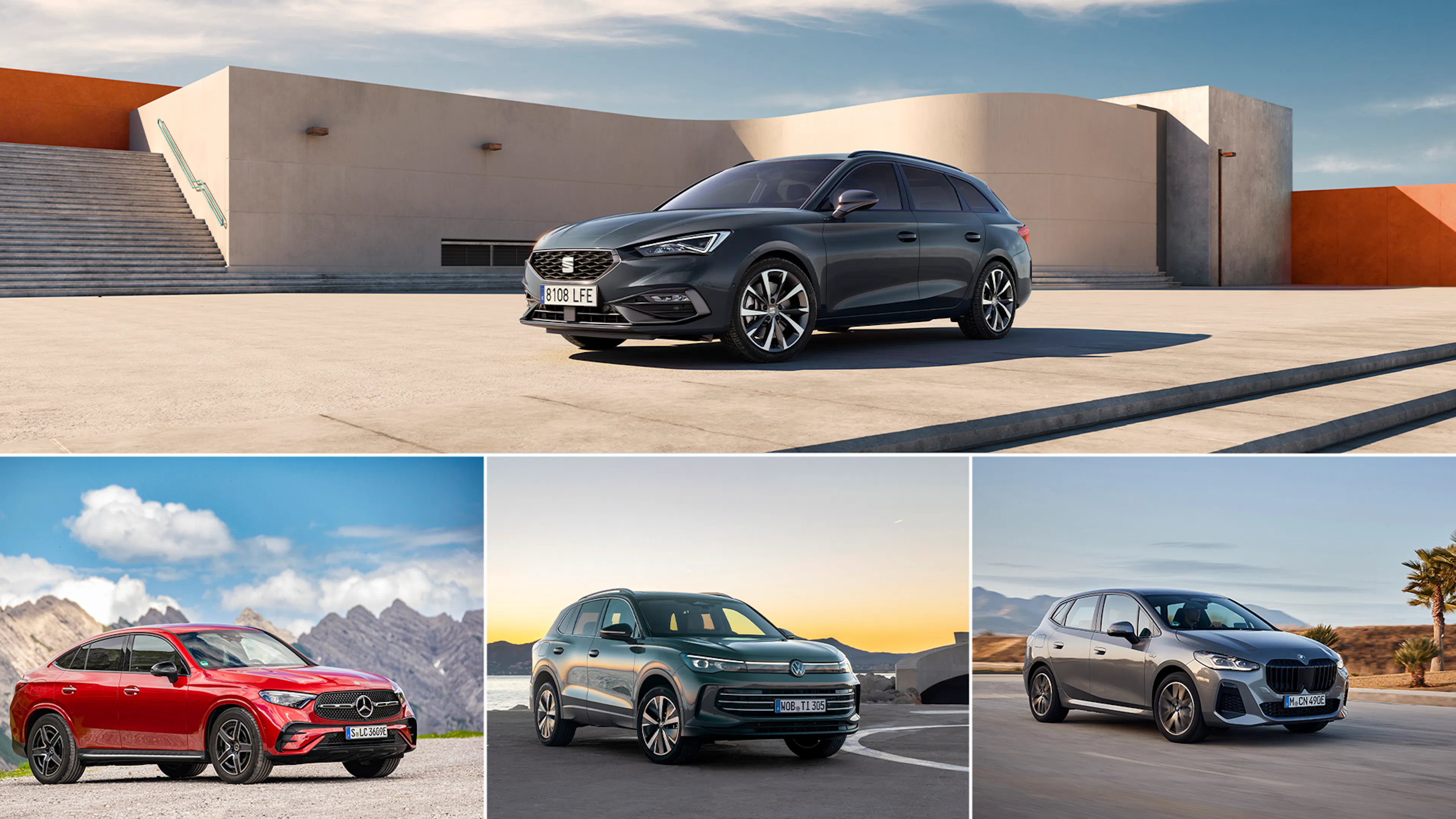 Eine Collage aus vier Plug-in-Hybriden: Seat Leon, Mercedes GLC, VW Tiguan und BMW 2er Active Tourer