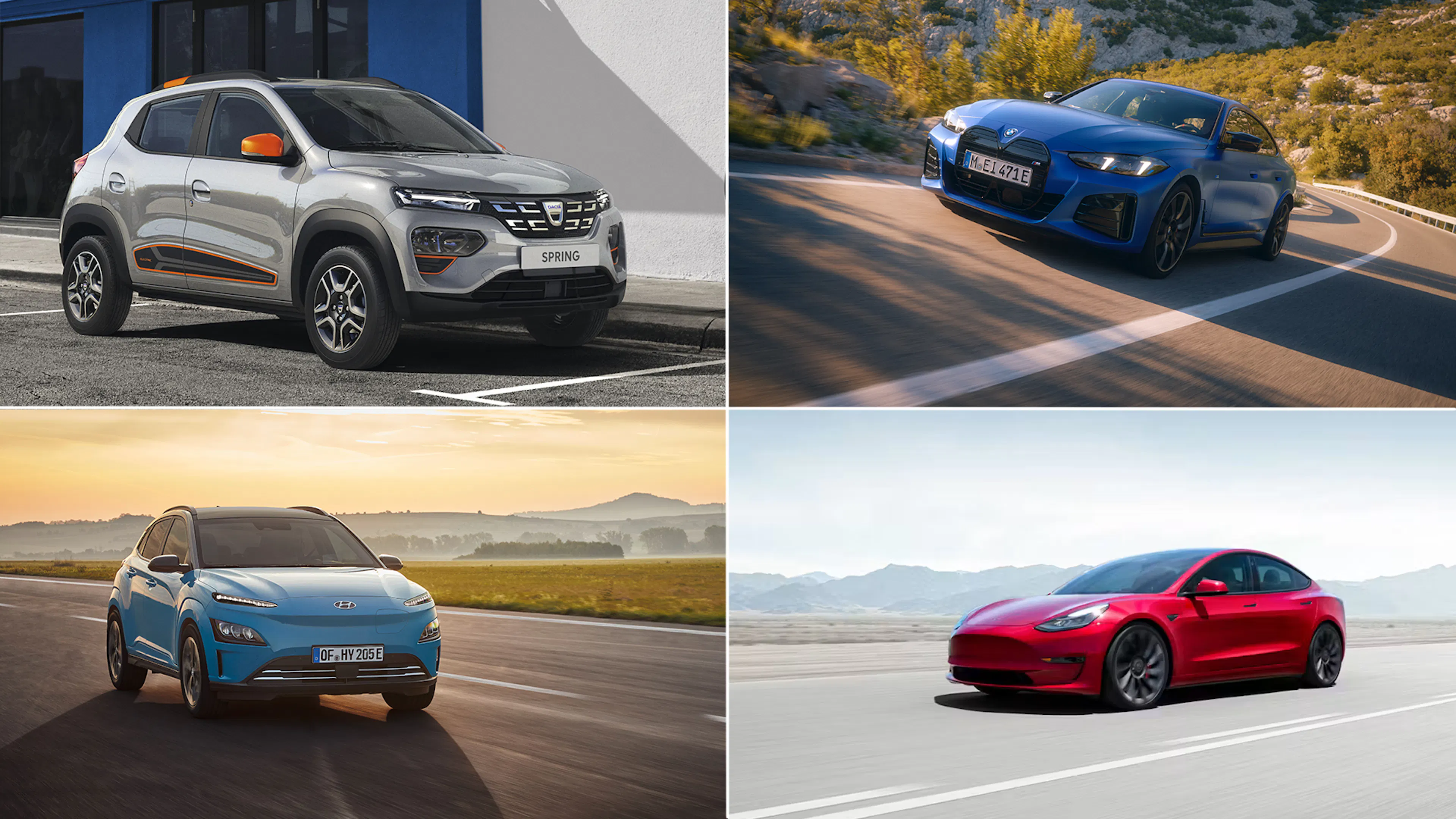 Eine Collage aus vier E-Autos: Dacia Spring Electric, BMW i4, Hyundai Kona Elektro, Tesla Model 3