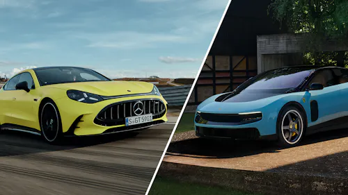 Collage aus einem limonengrünen Mercedes-AMG GT und einem hellblauen Ferrari Luce.