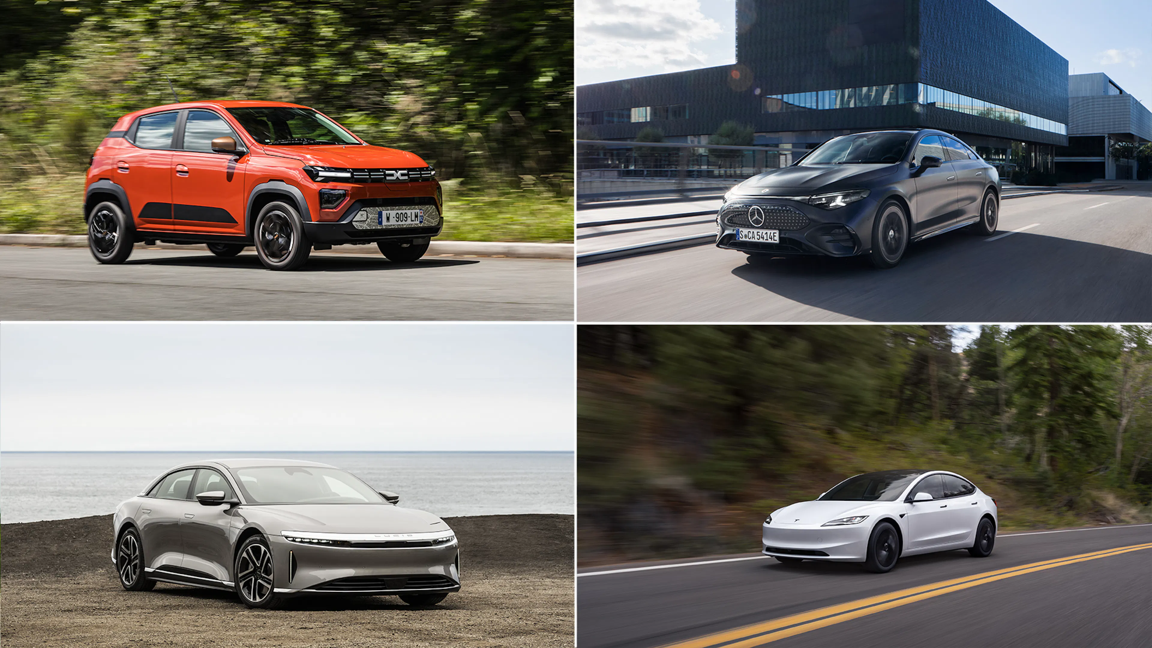 Eine Collage aus vier sparsamen E-Autos: Dacia Spring Electric, Mercedes CLA Coupé, Lucid Air und Tesla Model 3