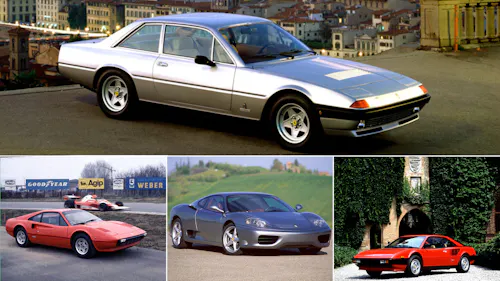 Eine Kollage aus vier Ferraris: 400, 308, Modena, Mondial