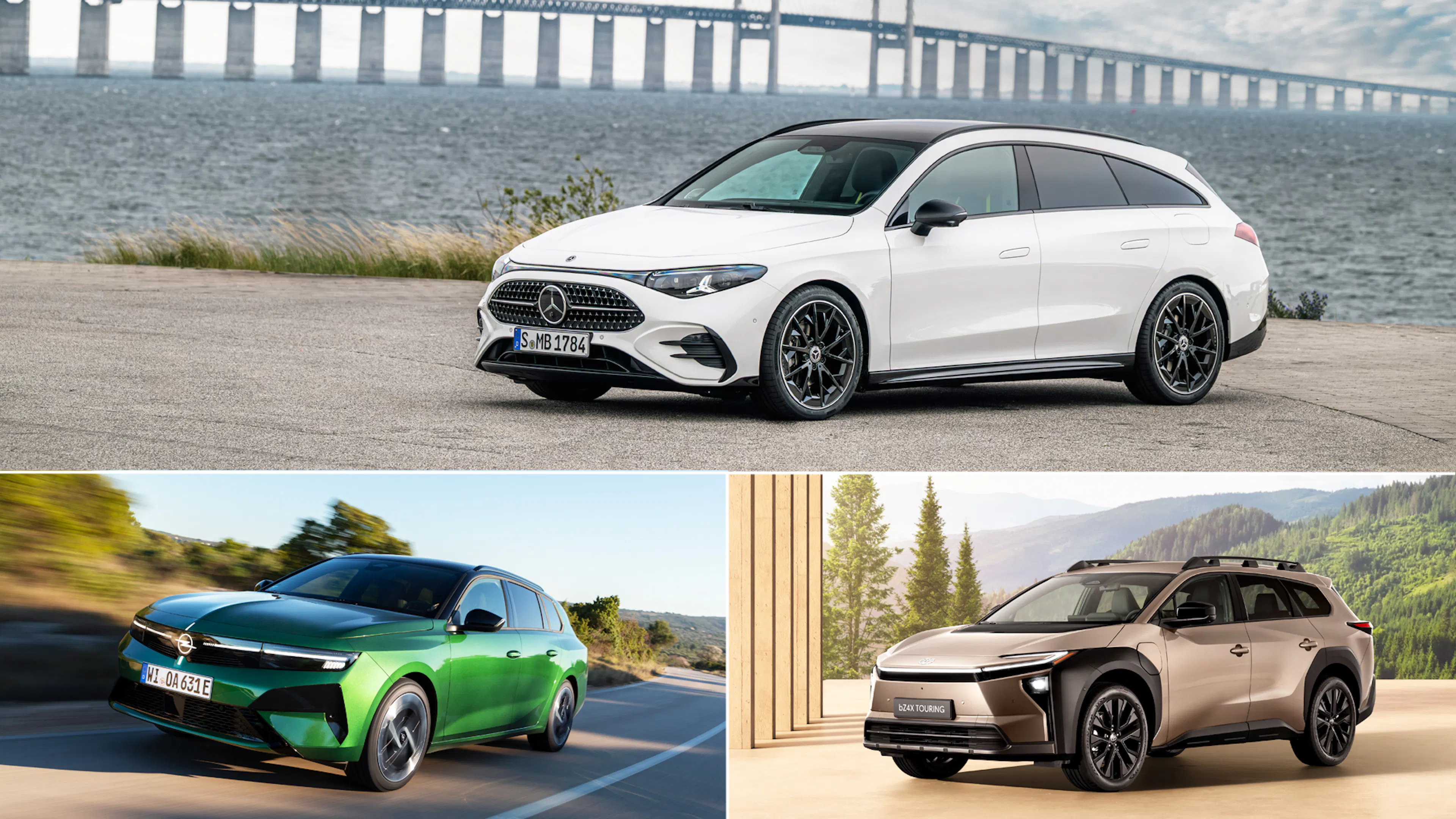 Eine Collage zeigt drei E-Kombis: Mercedes CLA Shooting Brake, Opel Astra Electric Sports Tourer und Toyota bZ4X Touring.