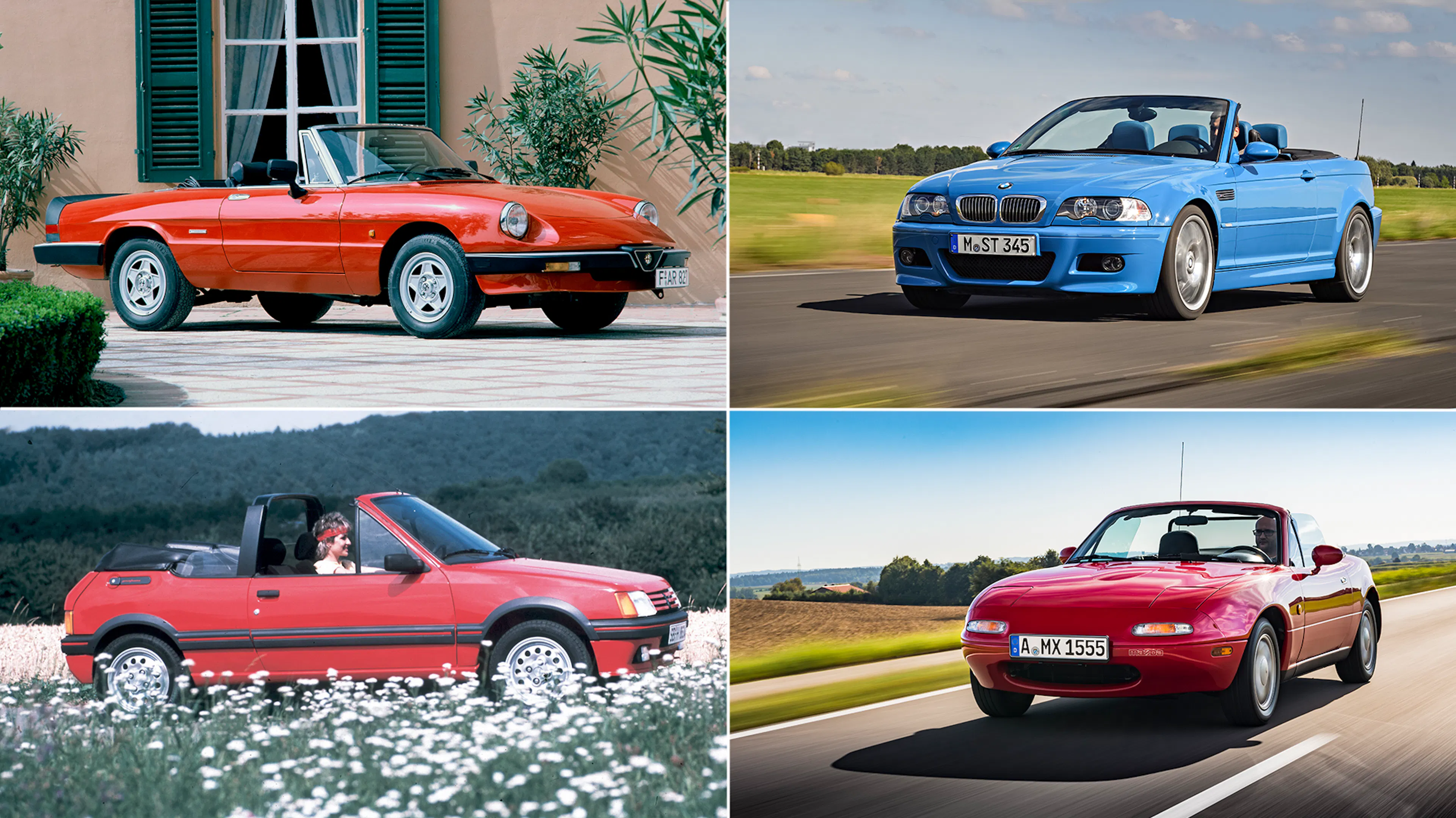 Eine Collage aus vier Cabrios: Alfa Romeo Spider, BMW 3er E46, Peugeot 205 CTI und Mazda MX-5