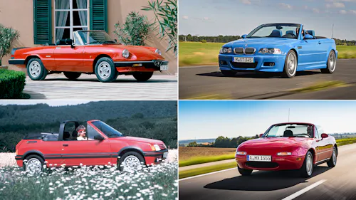 Eine Collage aus vier Cabrios: Alfa Romeo Spider, BMW 3er E46, Peugeot 205 CTI und Mazda MX-5