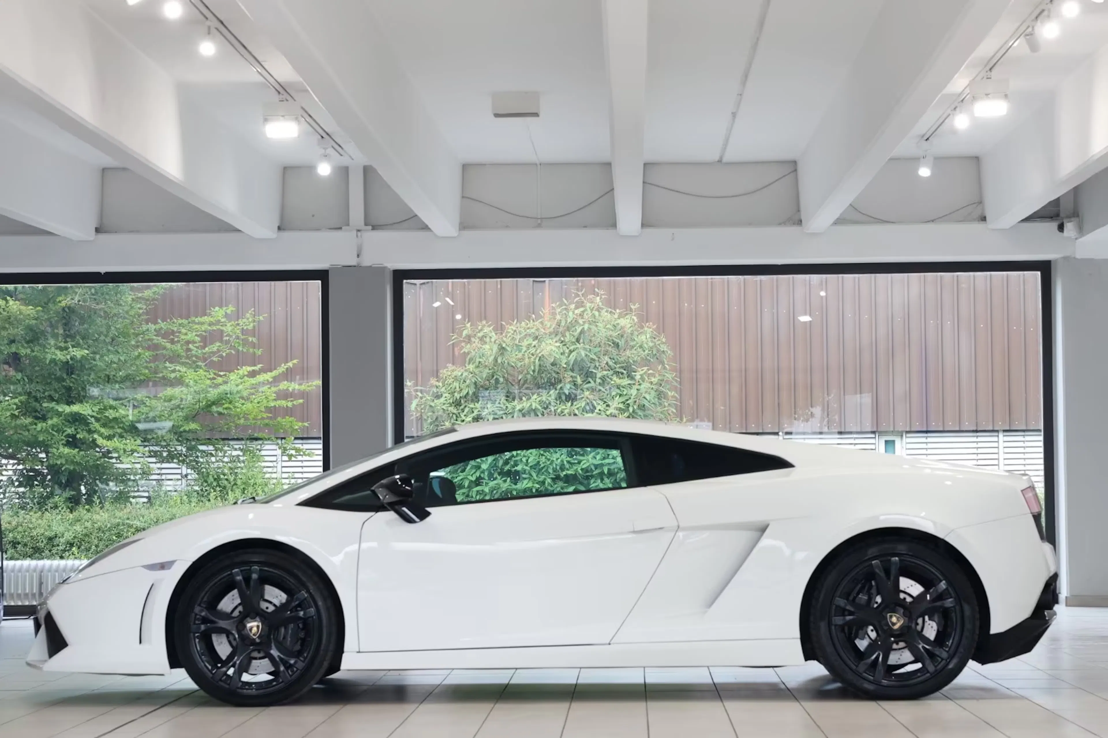 Ein weißer Lamborghini Gallardo steht in einem Händler-Showroom.