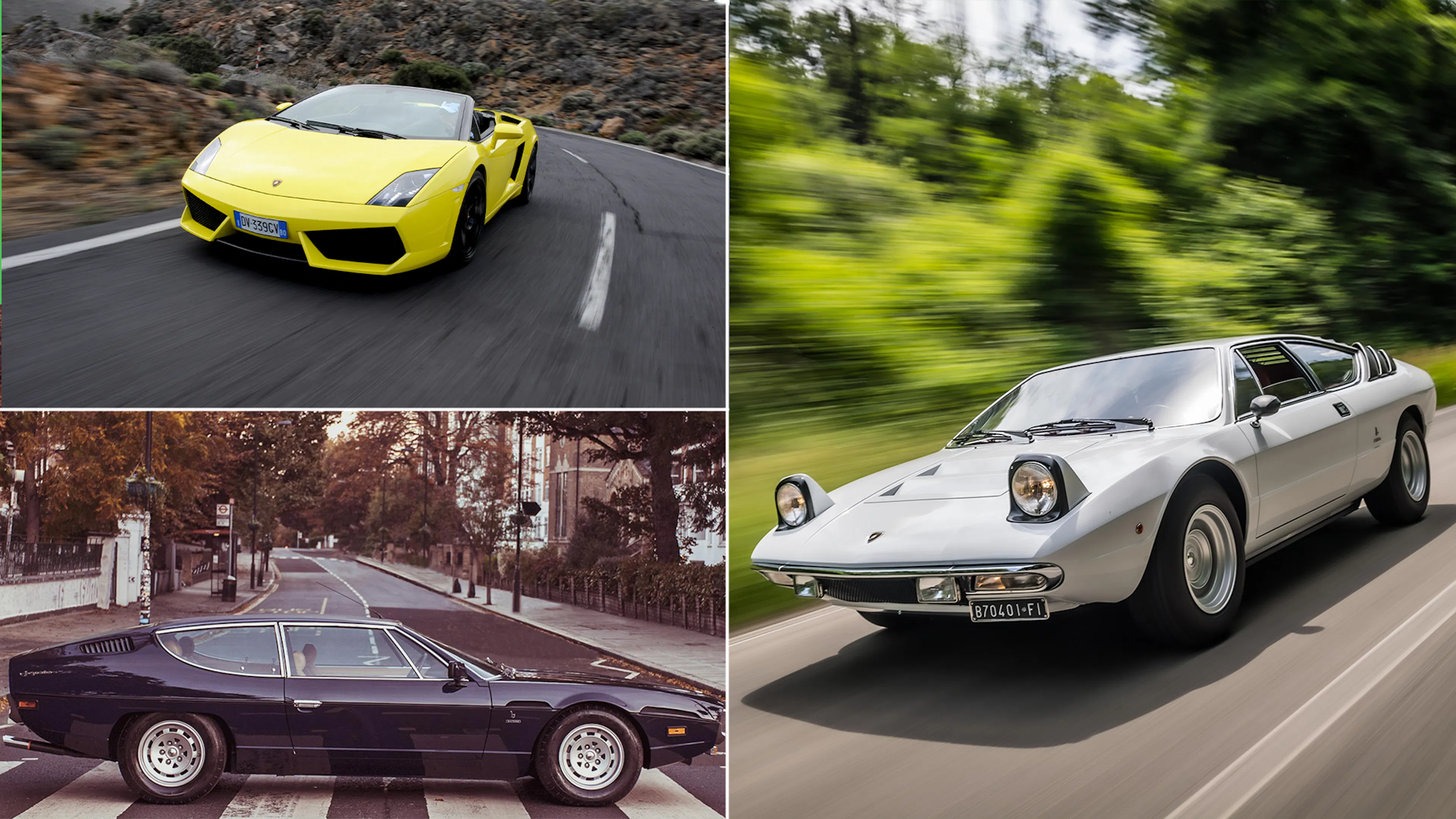 Eine Collage aus drei Lamborghinis: Gallardo, Espada, Urraco