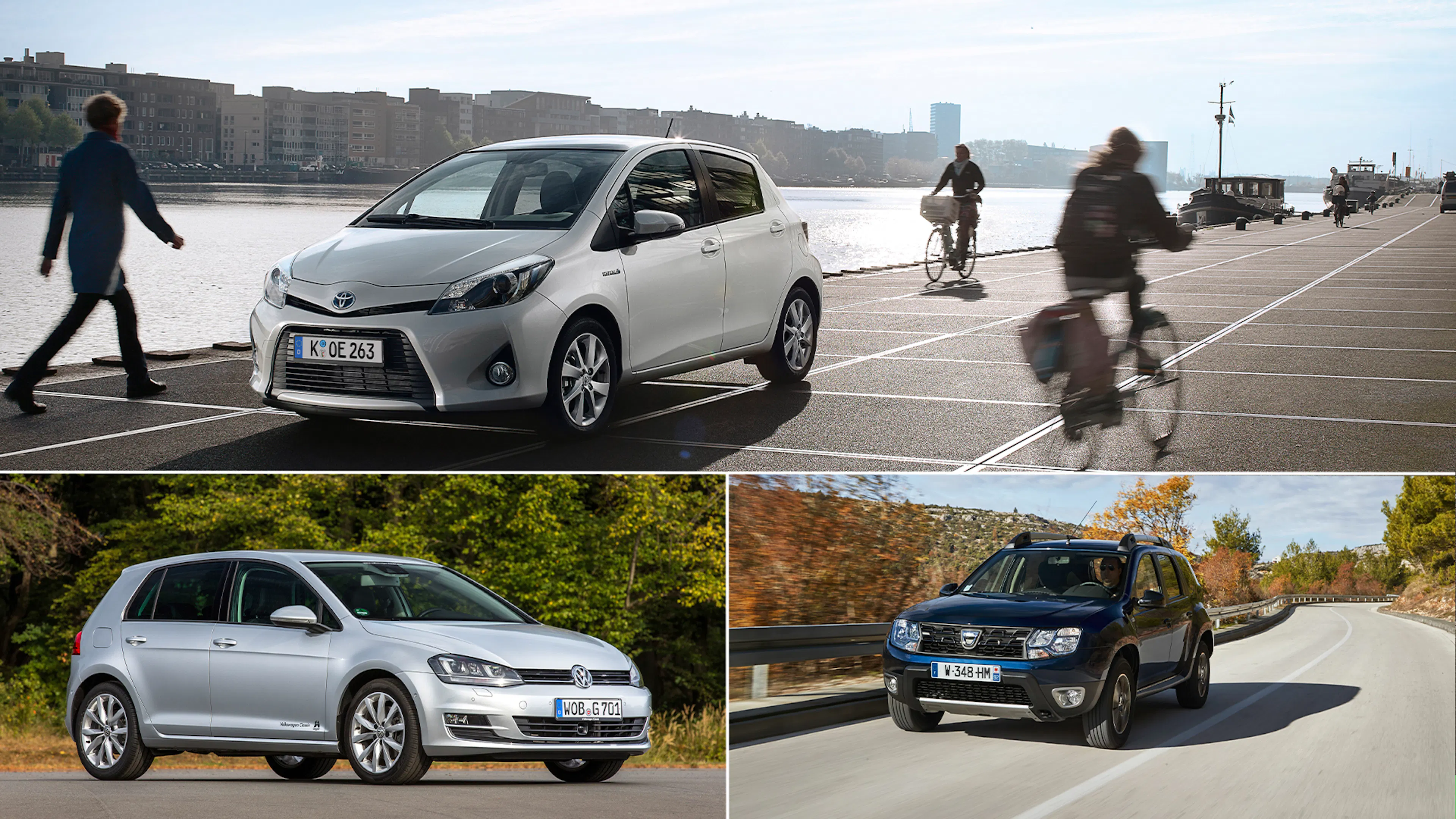 Eine Collage aus drei Autos: Toyota Yaris, VW Golf und Dacia Duster
