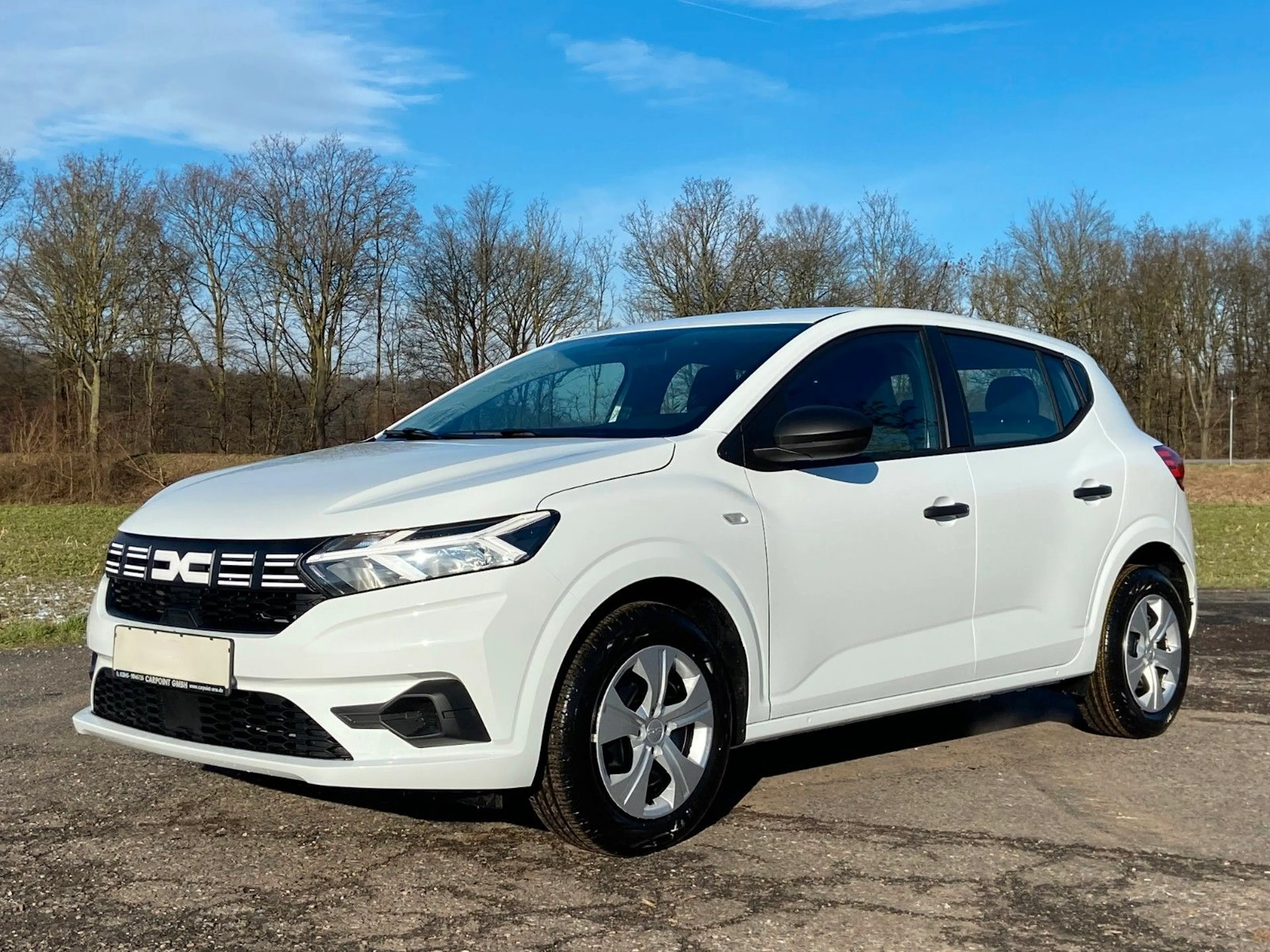 Weißer Dacia Sandero auf einem Parkplatz vor einer Wiese mit Bäumen unter blauem Himmel. Der Wagen ist sauber und glänzt in der Sonne.