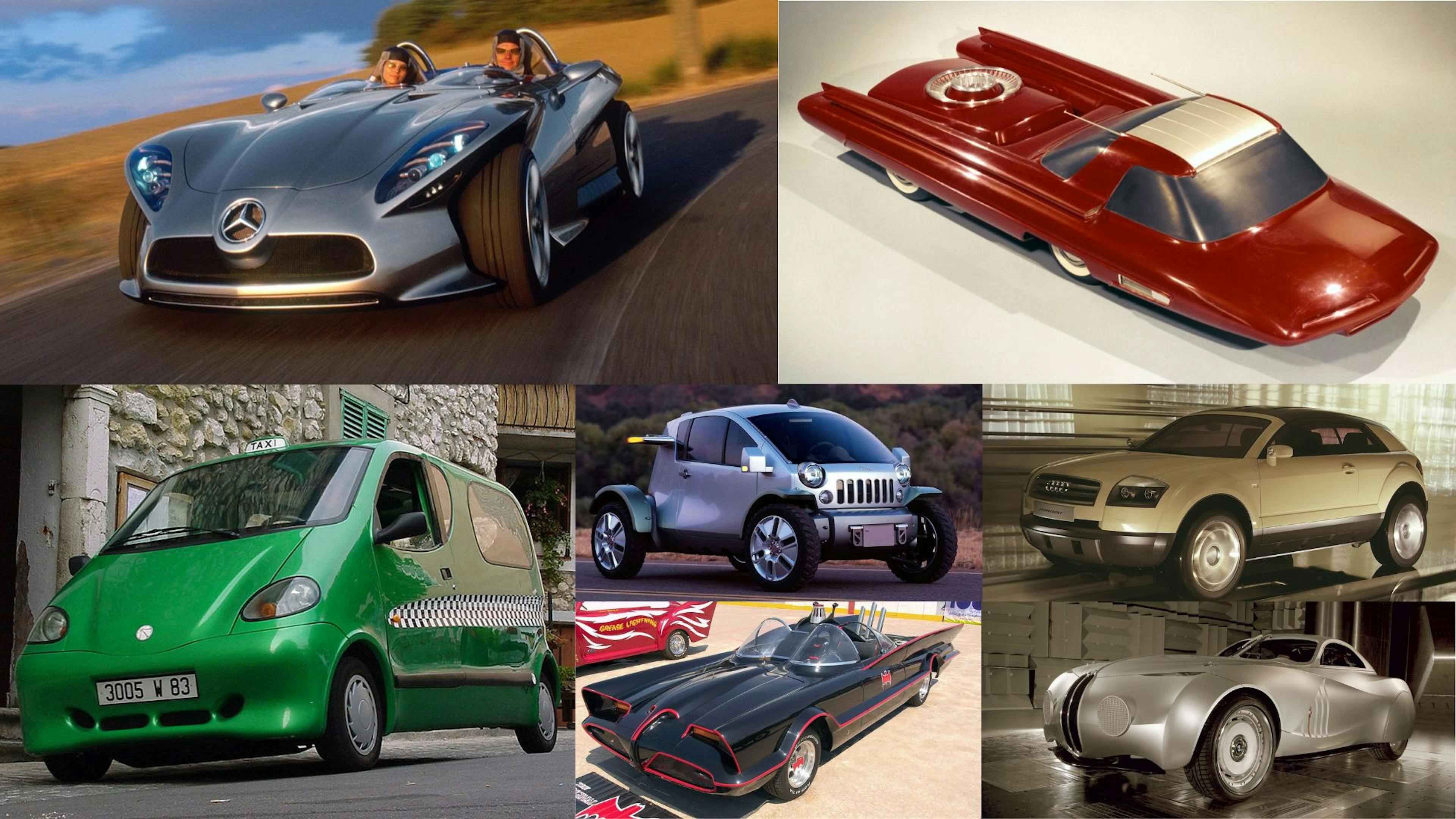 Fotomontage mit sieben Autostudien verschiedener Hersteller.