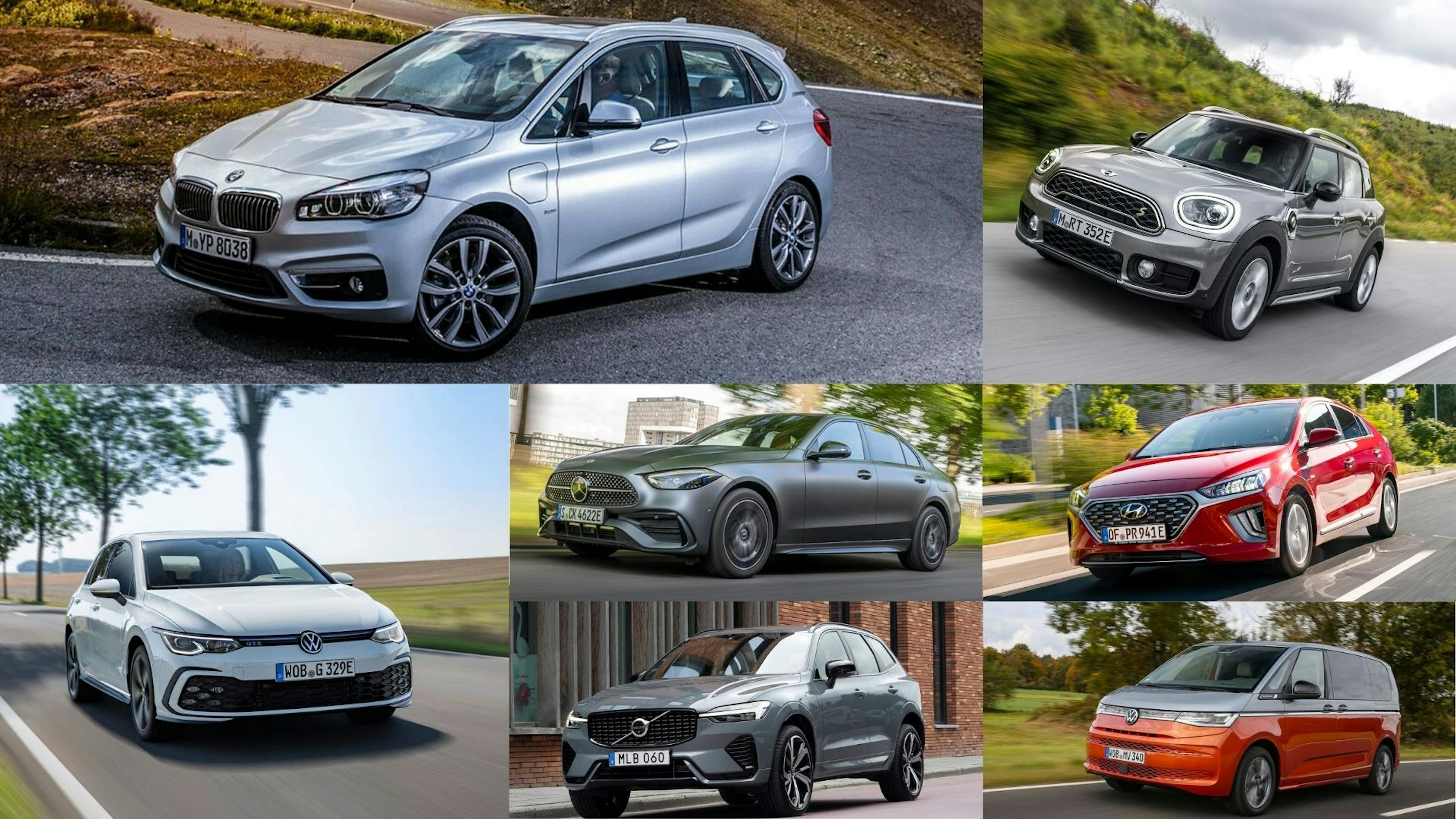 Fotomontage mit sieben Plug-in-Hybrid-Autos verschiedener Marken