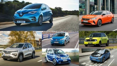 Fotomontage mit sieben Elektro-Kleinwagen verschiedener Hersteller