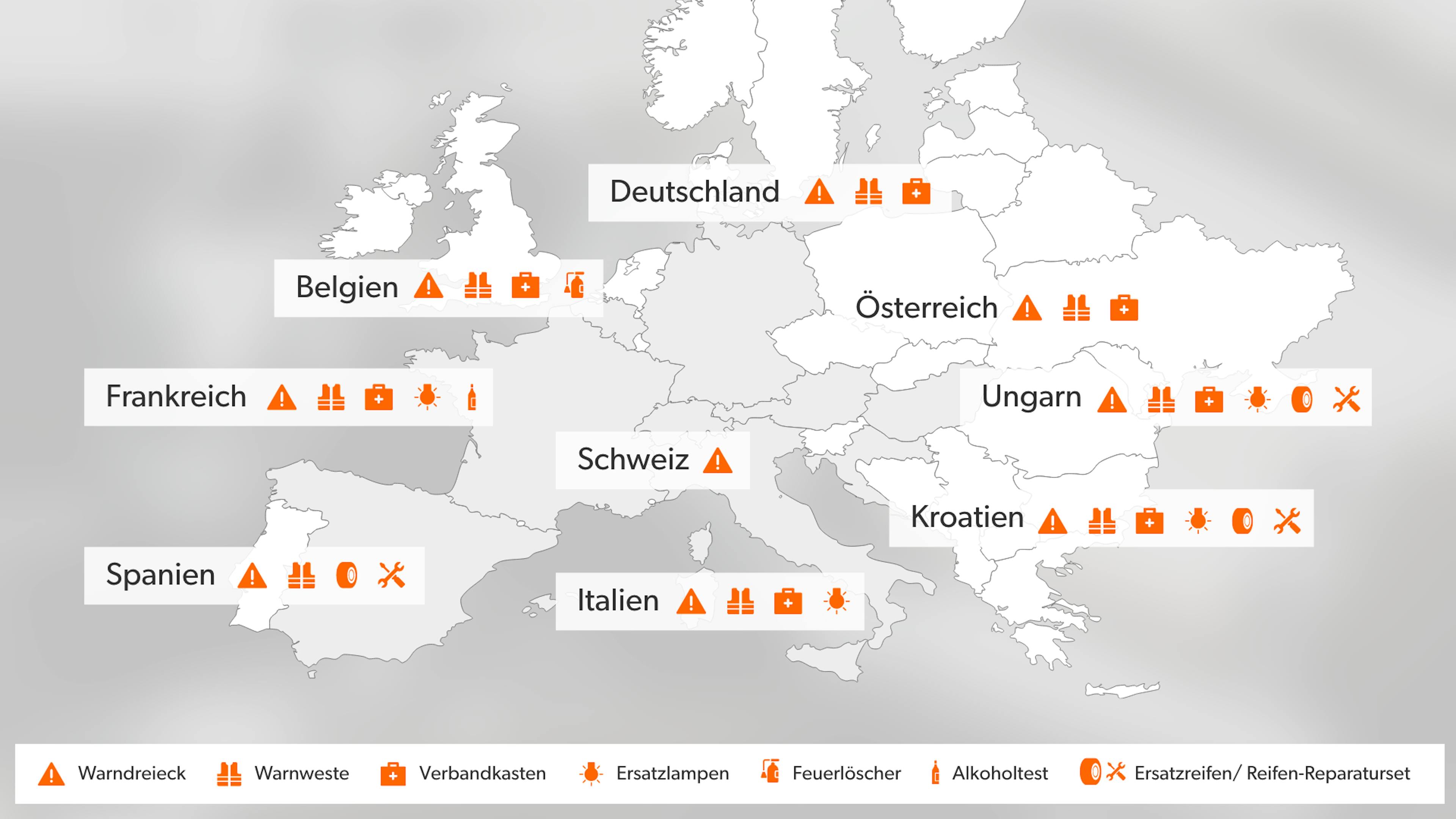 Infografik, die die Mitführpflichten für Autofahrer in verschiedenen europäischen Ländern zeigt.
