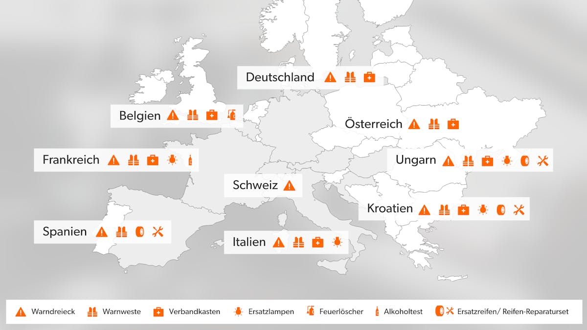 Infografik, die die Mitführpflichten für Autofahrer in verschiedenen europäischen Ländern zeigt.