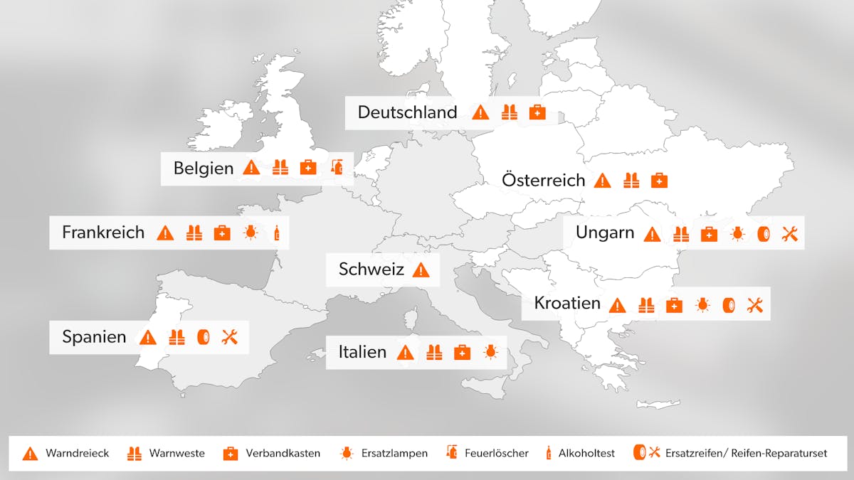 Infografik, die die Mitführpflichten für Autofahrer in verschiedenen europäischen Ländern zeigt.