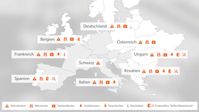 Infografik, die die Mitführpflichten für Autofahrer in verschiedenen europäischen Ländern zeigt.