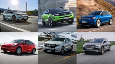 Fotomontage mit sechs Elektro-SUV verschiedener Hersteller in unterschiedlichen Farben.