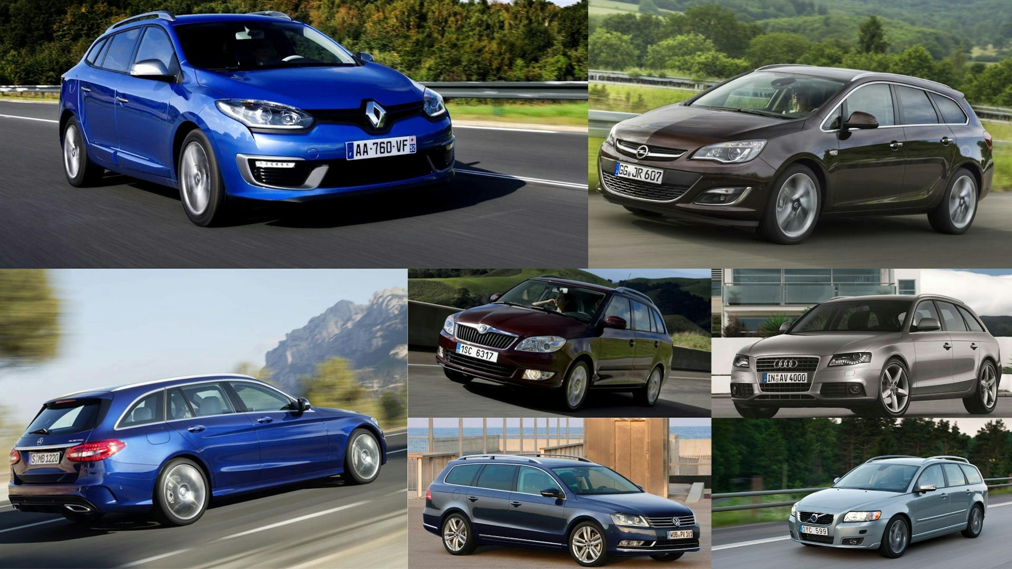 Fotomontage mit sieben Kombis verschiedener Automarken.