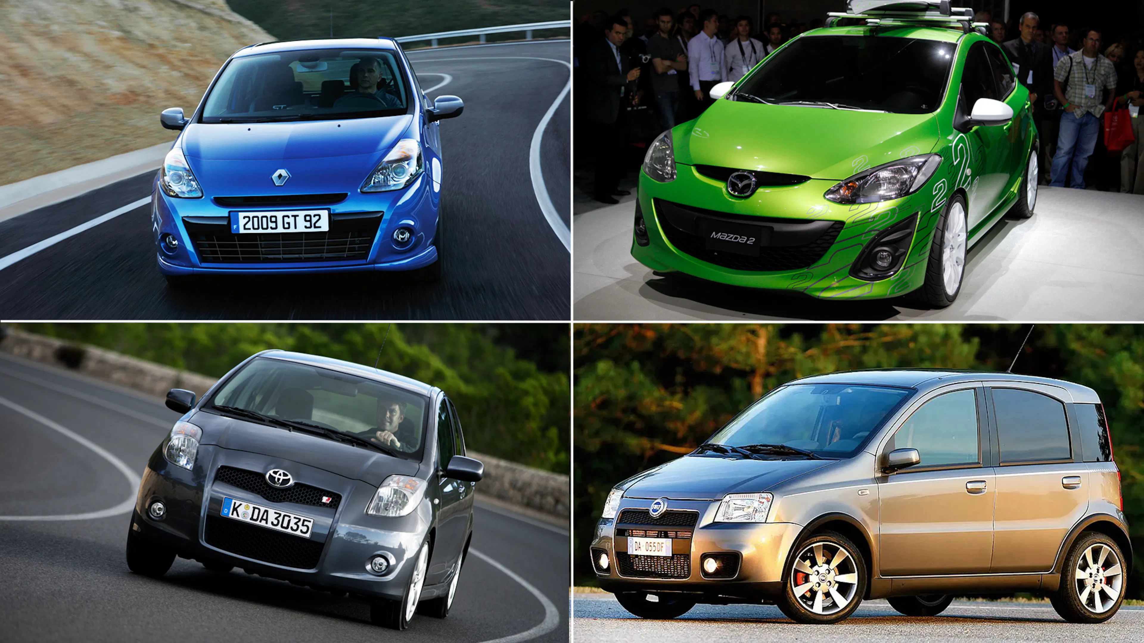 Ein Renault Clio III GT, ein Mazda2, ein Toyota Yaris TS und ein Fiat Panda 100 HP in einer Collage.