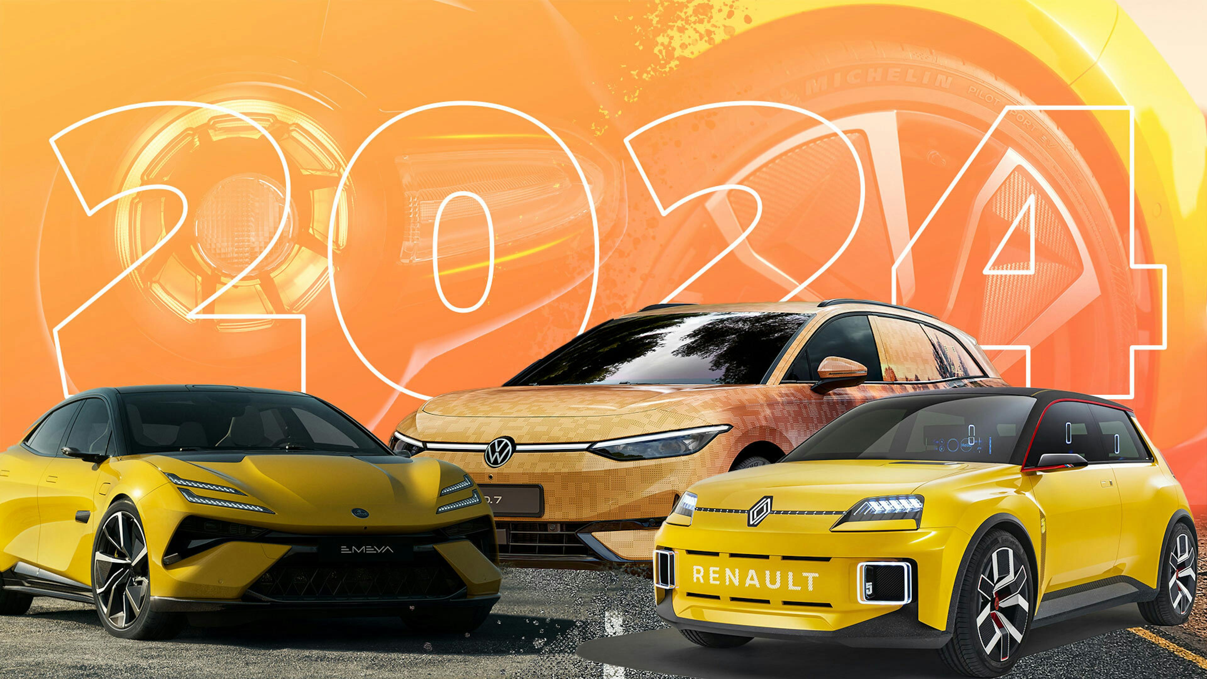 Bildmontage mit 3 Fahrzeugen und der Jahreszahl 2024
