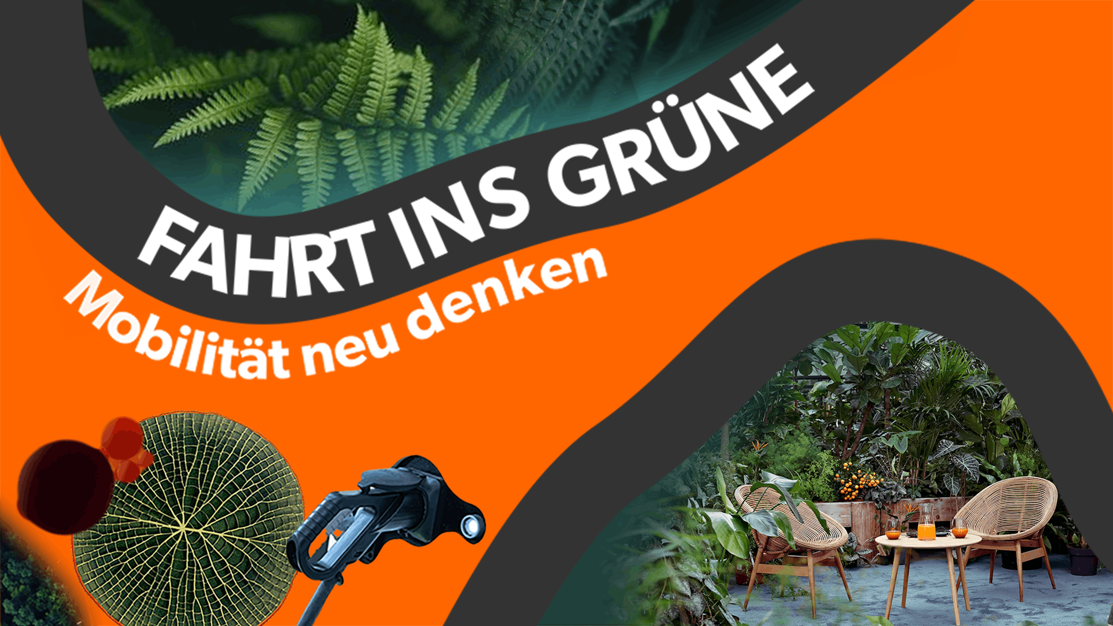 "Grafik mit Schriftzug 'FAHRT INS GRÜNE', Pflanzen, Ladesäule und Gartenmöbeln auf orangem Hintergrund."