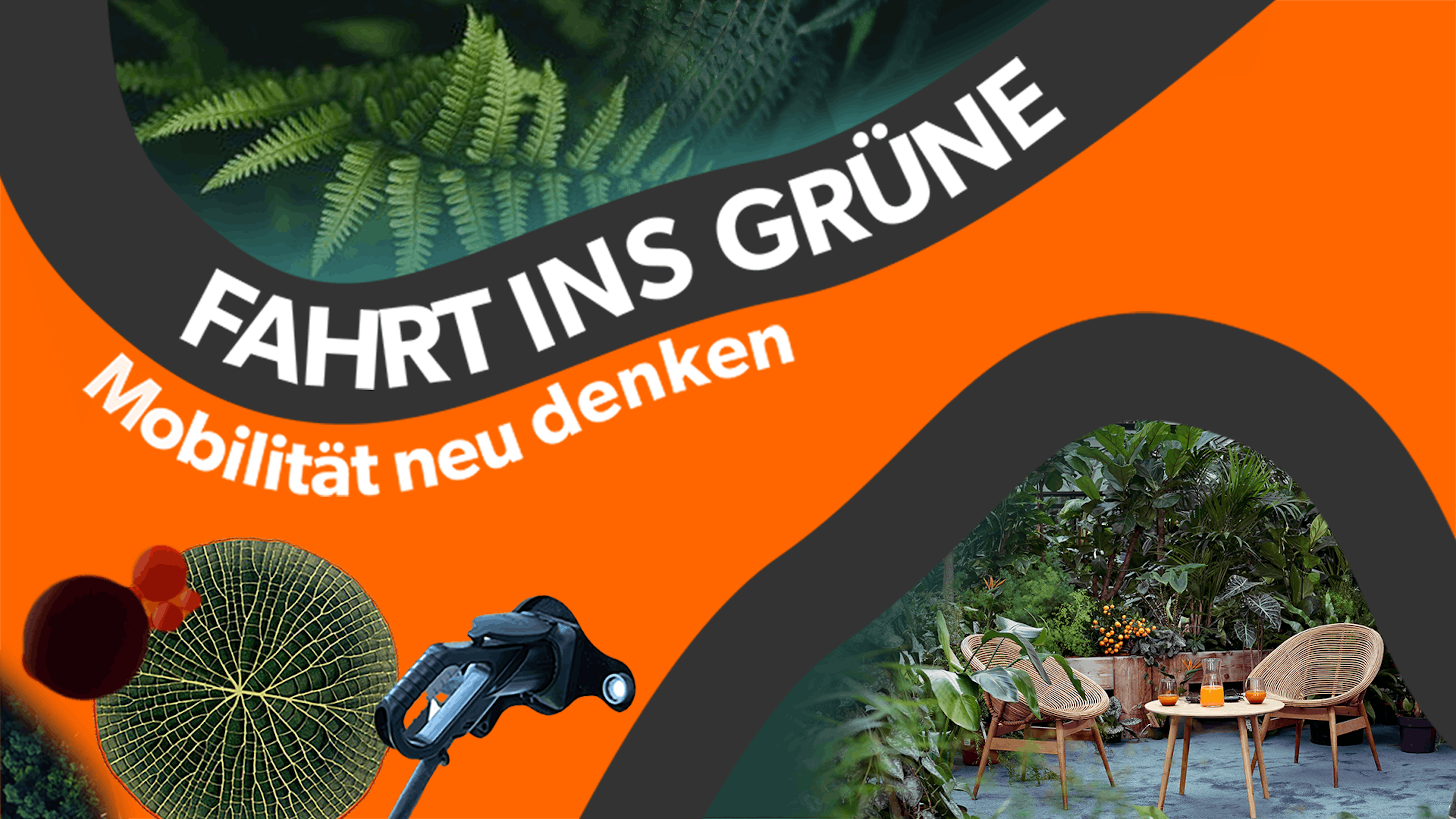 "Grafik mit Schriftzug 'FAHRT INS GRÜNE', Pflanzen, Ladesäule und Gartenmöbeln auf orangem Hintergrund."