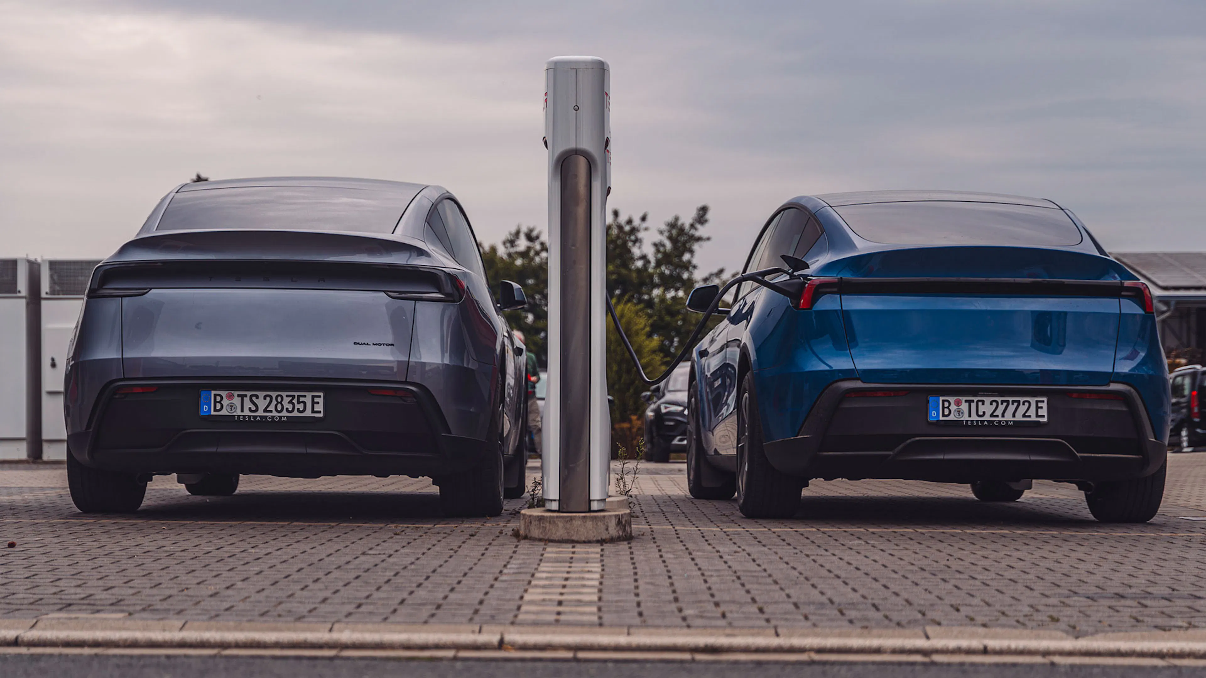 Ein blaues und ein graues Tesla Model Y stehen an einer Ladestation nebeneinander, Heckansicht.
