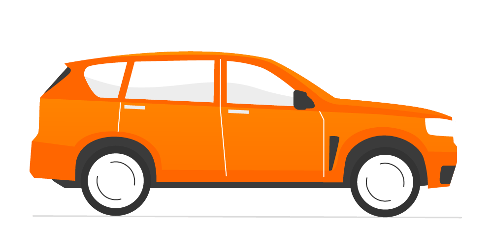 Illustration eines orangefarbenen SUVs in Seitenansicht mit weißen Reifen und getönten Fenstern auf transparentem Hintergrund.