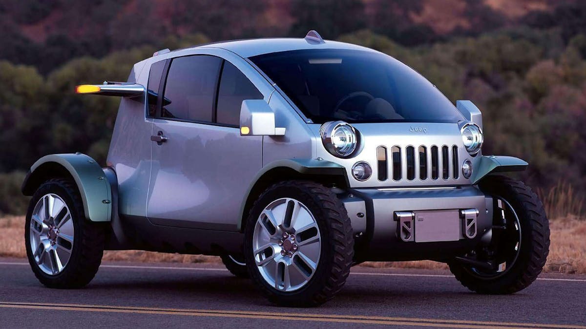 Eine silberne Jeep Treo Autostudie steht am Rand einer Straße.