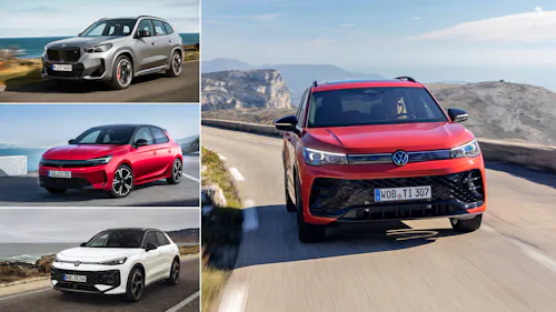 Eine Collage zeigt einen BMW X1, einen Opel Corsa, einen VW Tiguan und einen VW T-Roc.