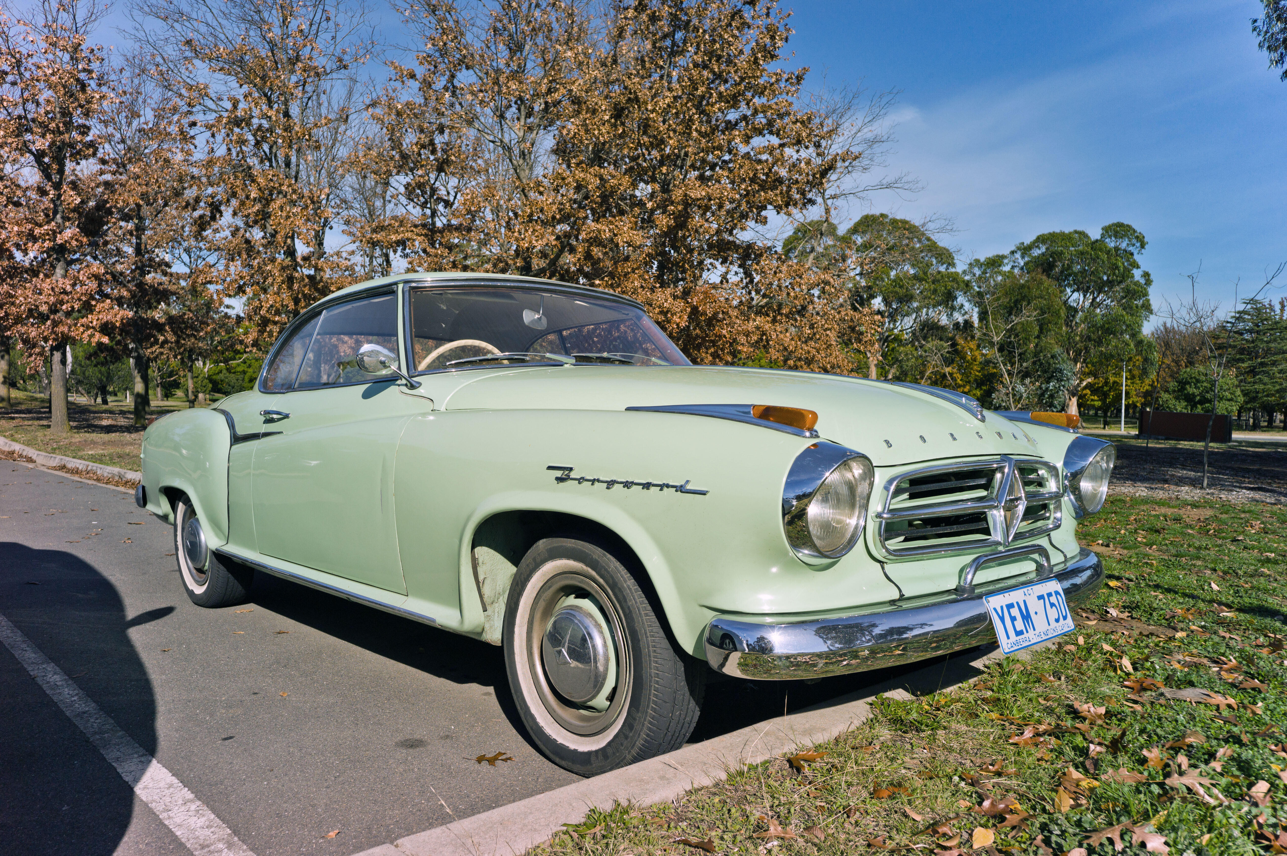 Hellgrüne Borgward Isabella in Dreiviertel-Seitenansicht, geparkter Oldtimer vor herbstlichen Bäumen.