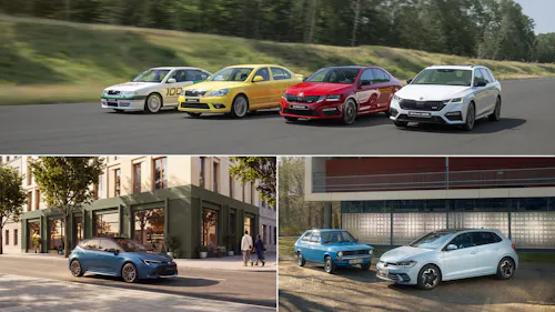 Collage aus drei Aufnahmen: oben vier Škoda Octavia RS in Weiß, Gelb, Rot und Weiß auf einer Rennstrecke, unten links ein blauer Toyota Corolla E210 Hybrid fahrend auf einer Stadtstraße, unten rechts ein blauer VW Polo I (1970er-Jahre) und ein weißer VW Polo VI nebeneinander vor einem Industriegebäude.