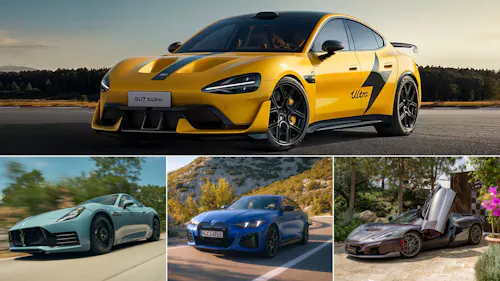 Bildcollage mit vier Elektro-Sportwagen: Xiaomi SU7 Ultra in Gelb oben groß, darunter Maserati GranTurismo Folgore in Hellblau, BMW i4 M60 in Blau und Rimac Nevera in Dunkelgrau mit geöffneten Scherentüren.