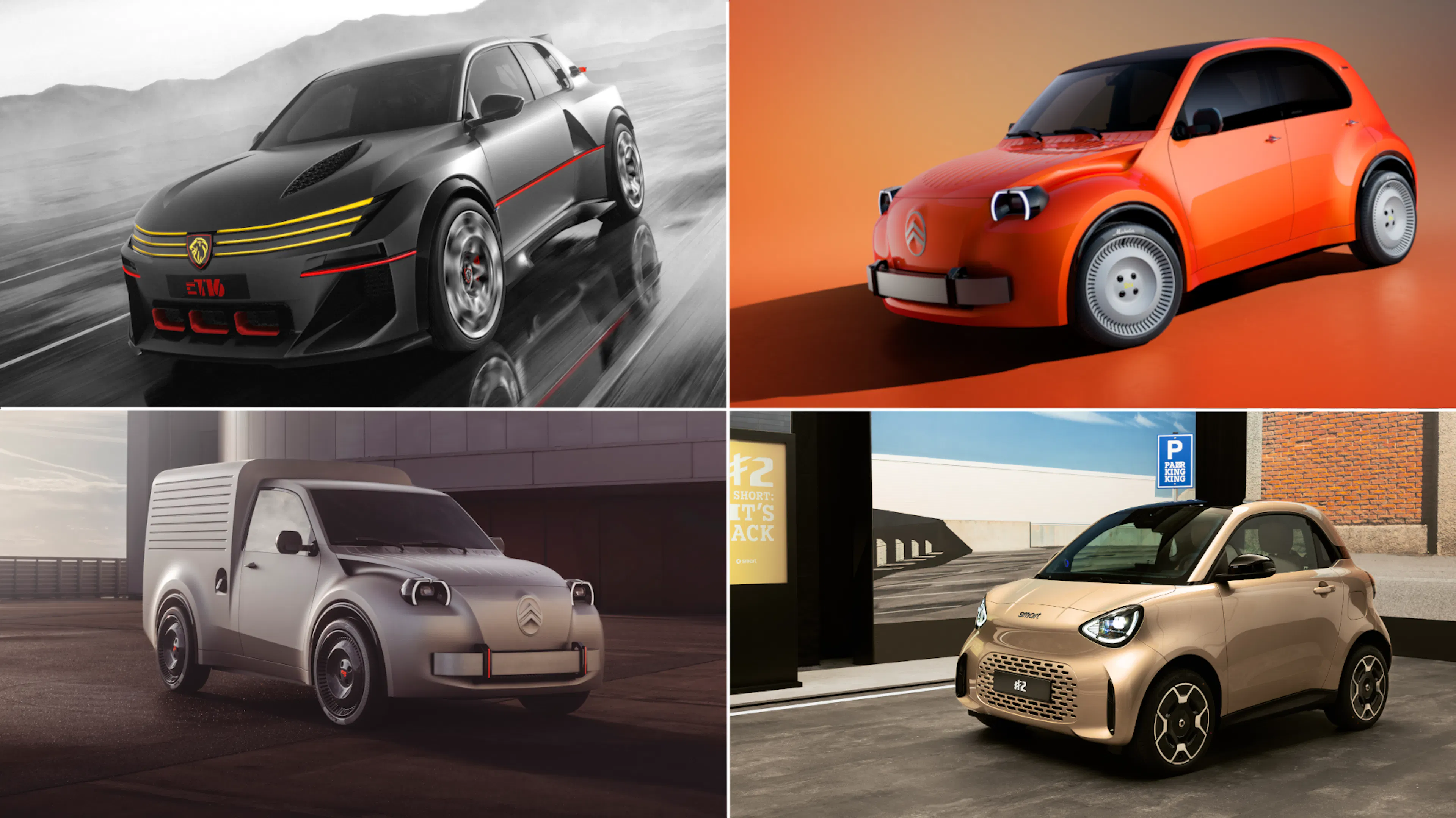 Bildcollage mit vier Elektrofahrzeugen: oben links der dunkle Peugeot e-T16 Concept in Fahrt, oben rechts das orangefarbene Citroën 2CV Concept, unten links die graue Citroën 2CV Fourgonnette Concept, unten rechts der goldbeige smart #2 vor einer Backsteinwand.