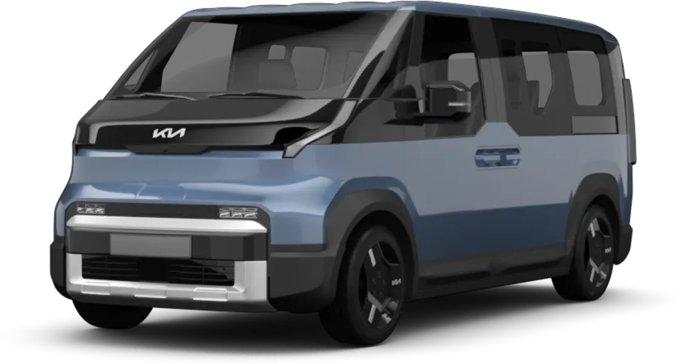 Freisteller eines Kia PV5 in Frostblau - Ansicht Schräg vorne