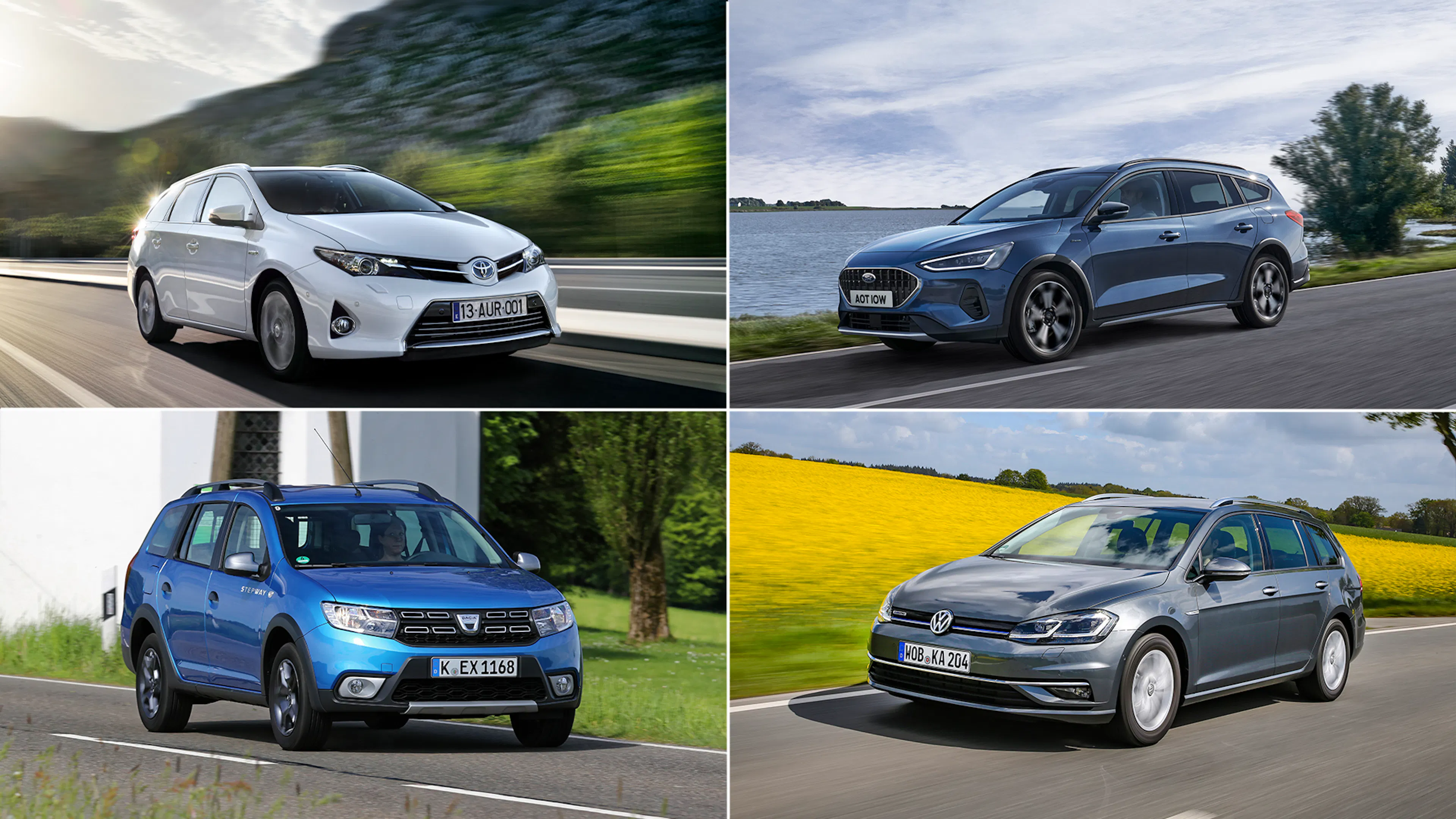 Collage aus vier Kompakt-Kombis: Toyota Auris Touring Sports, Ford Focus Turnier Active Mk4, Dacia Logan MCV II Stepway und VW Golf VII Variant.