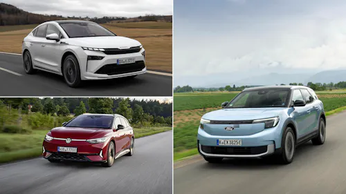 Eine Collage aus drei Autos: Škoda Enyaq, VW ID.7 und Ford Explorer.