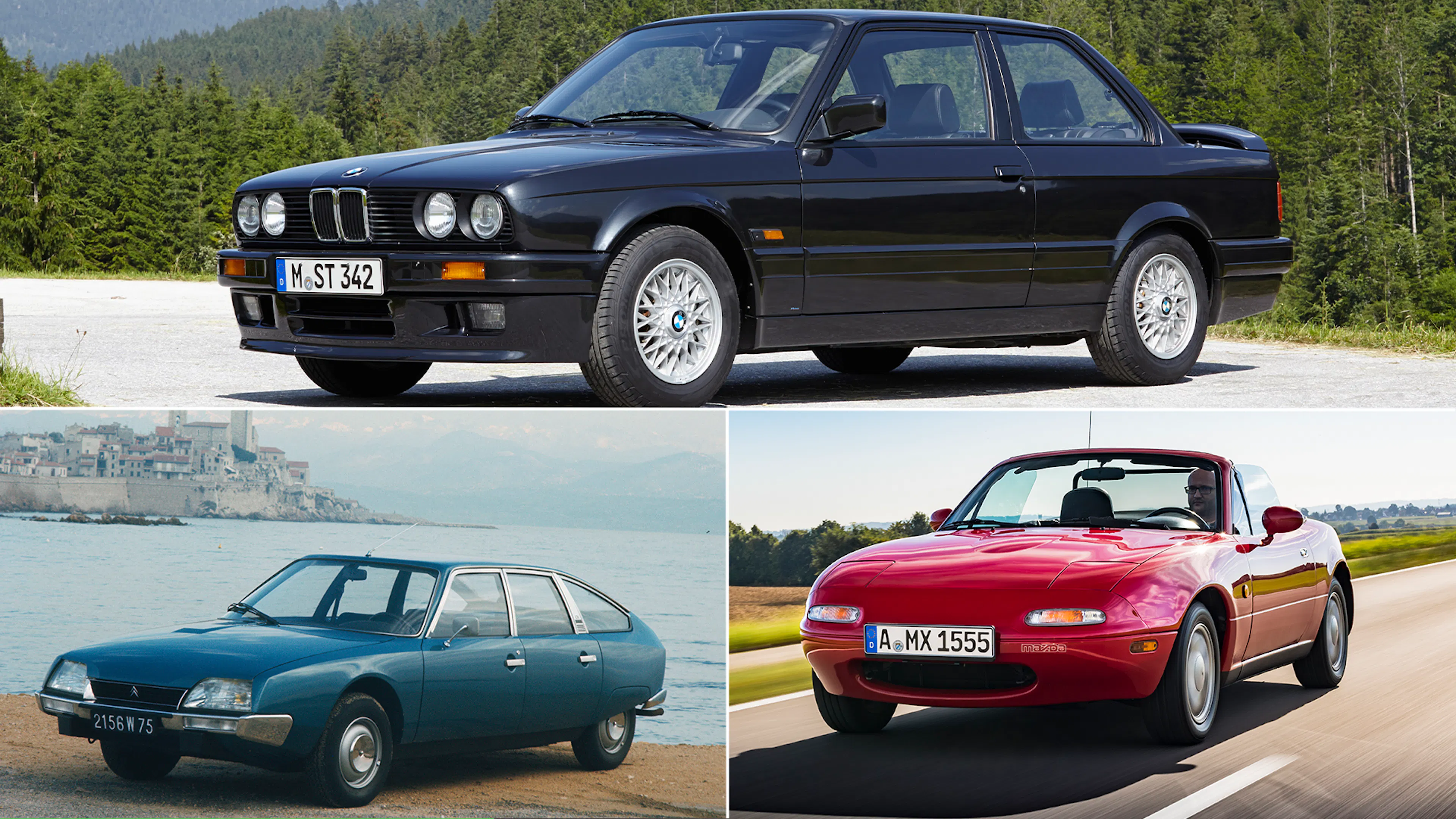 Eine Collage mit drei Autos: BMW 3er E30, Citroën CX, Mazda MX-5 NA