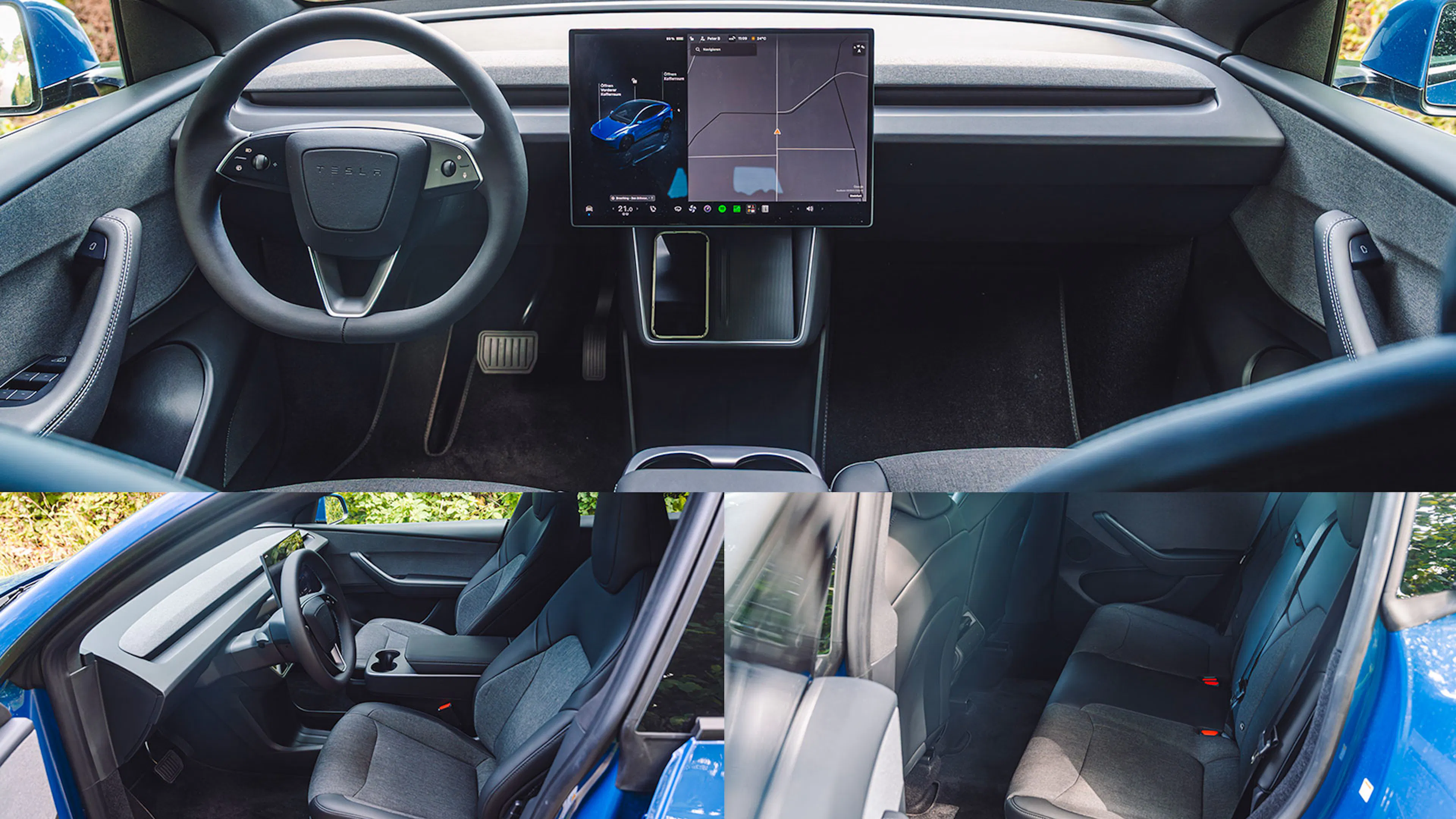 Collage aus drei Bildern. Oben: Frontalansicht des Cockpits eines Tesla Model Y. Unten links: Blick auf den Fahrersitz. Unten rechts: Blick auf die Rückbank.