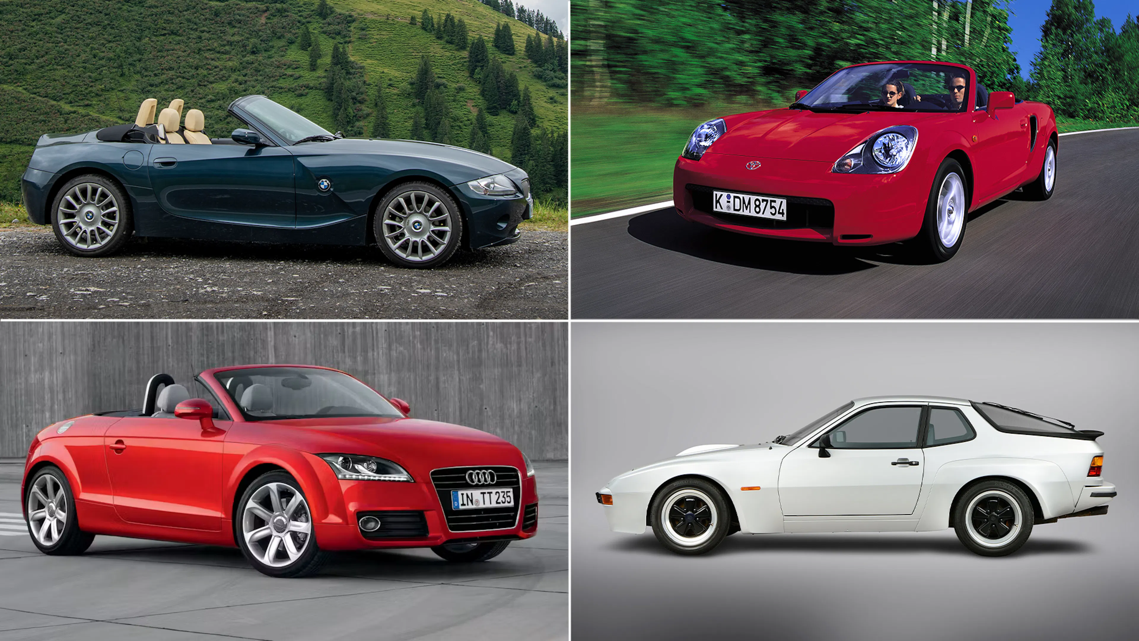 Collage aus vier gebrauchten Sportwagen unter 10.000 Euro: BMW Z4 E85 in Dunkelgrün, Toyota MR2 W30 in Rot, Audi TT 8J Roadster in Rot und Porsche 924 in Weiß.