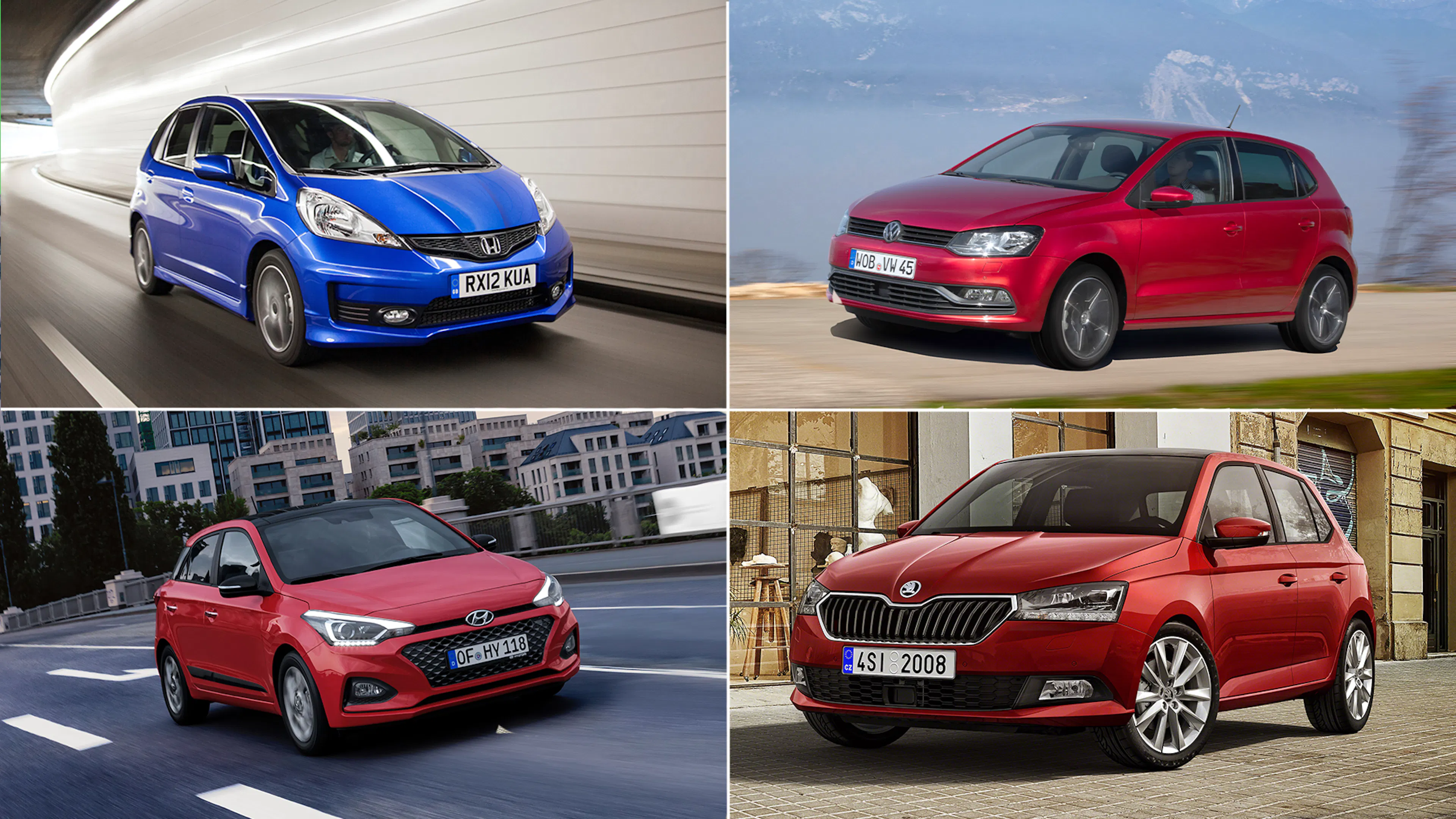 Bildcollage aus vier Fotos von Kleinwagen. Oben links fährt ein blauer Honda Jazz durch einen Tunnel, oben rechts ein roter VW Polo vor Bergkulisse. Unten links ist ein roter Hyundai i20 mit schwarzem Dach auf einer Stadtstraße unterwegs, unten rechts steht ein roter Škoda Fabia auf Kopfsteinpflaster.