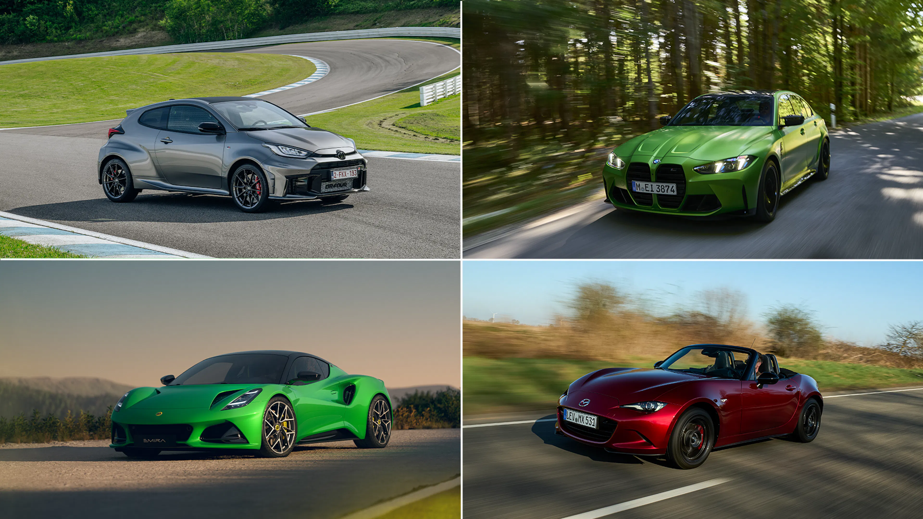 Collage aus vier Sportwagen mit Schaltgetriebe: Toyota GR Yaris auf einer Rennstrecke, BMW M3 Limousine auf einer Waldstraße, Lotus Emira V6 SE statisch auf einer Freifläche, Mazda MX-5 auf einer Landstraße.