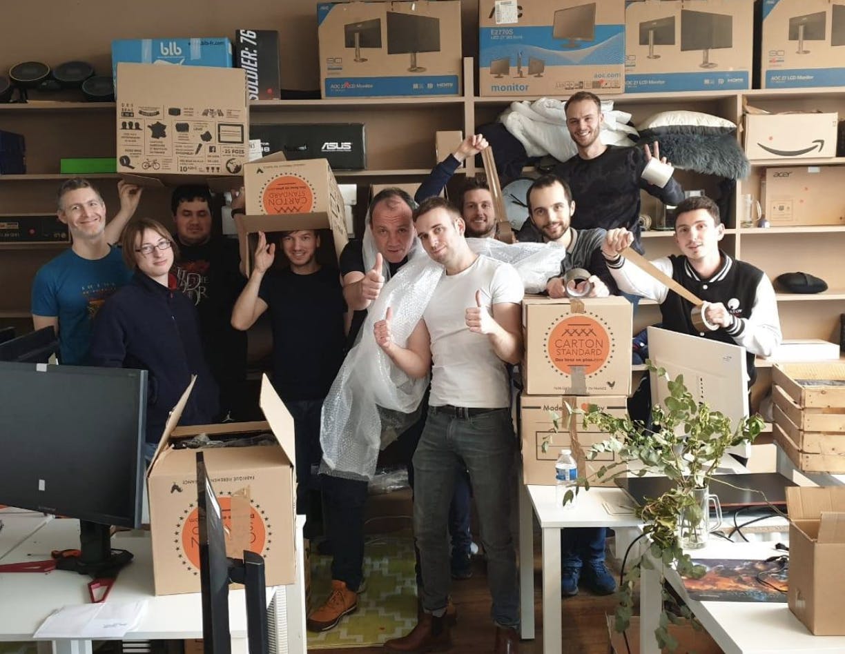 Our devs, packing their stuff for our move. And if you want to complain about the lack of women developers here, we feel the same way, so please: apply!