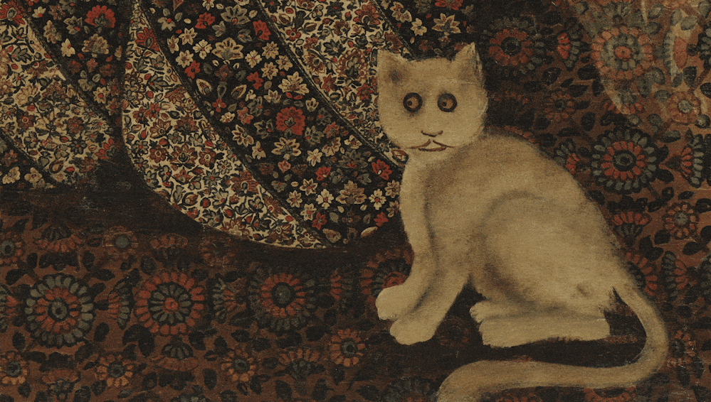 Cat painting with eyes nervously shifting left and right.