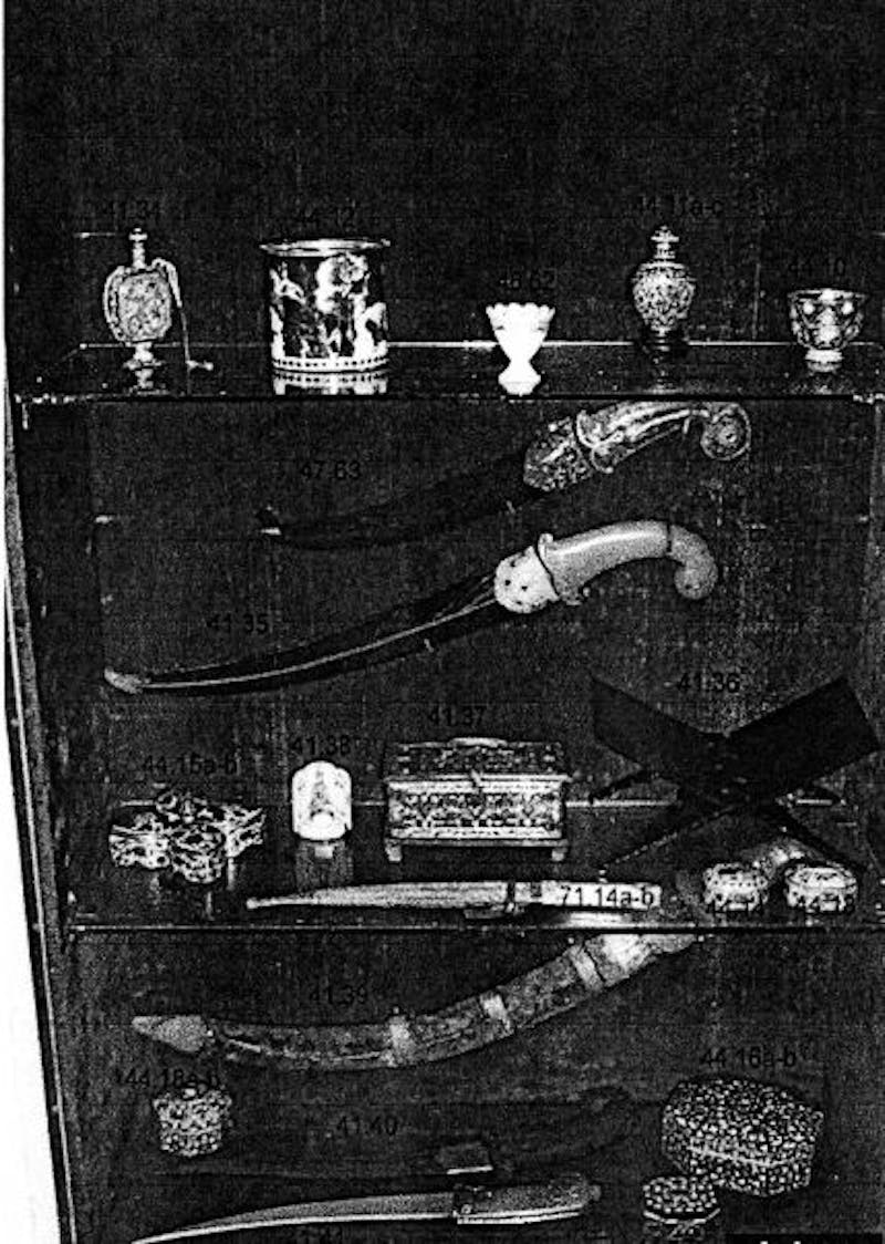 A snapshot of the vitrine in the southwest corner of the bedroom circa 1999, as found by the Shangri La curatorial team cataloging the collection following Doris Duke’s death in 1993.