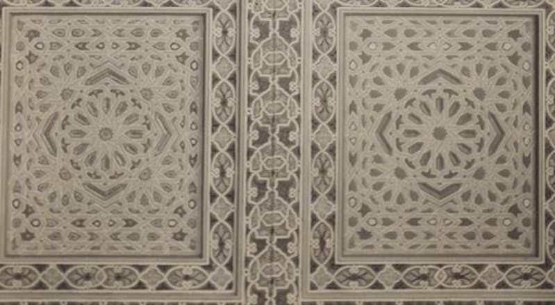 Detail of the doors during manufacture; note that the right side does not have the final paint details applied yet. Shangri La Historical Archives, Doris Duke Foundation for Islamic Art, Honolulu, Hawai’i.