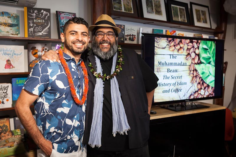 Abdul-Rehman Malik and Mohktar Alkhanshali (subject of the Monk of Mohka book) at their talk, the Muhammadan Bean, at a book shop in Honolulu.