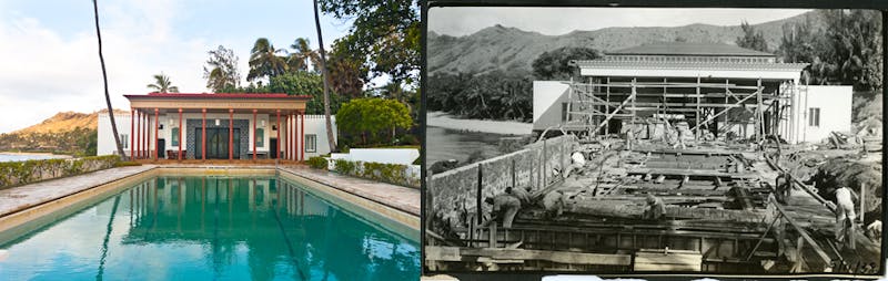 Left: The unique crenellations enhance the intricate pattern of the stenciled cornice and columns, as well as details of the tile work at the Playhouse façade. Doris Duke Foundation for Islamic Art, Honolulu, Hawai’i. (Photo: Alison Chiu, 2012.)            Right: The foundation of the Playhouse was laid in 1937, and the basic structure was complete by winter of that year. The crenellations, not pictured here, were added to the roofline during the spring of 1939. Shangri La Historical Archives, Doris Duke Foundation for Islamic Art, Honolulu, Hawai’i.