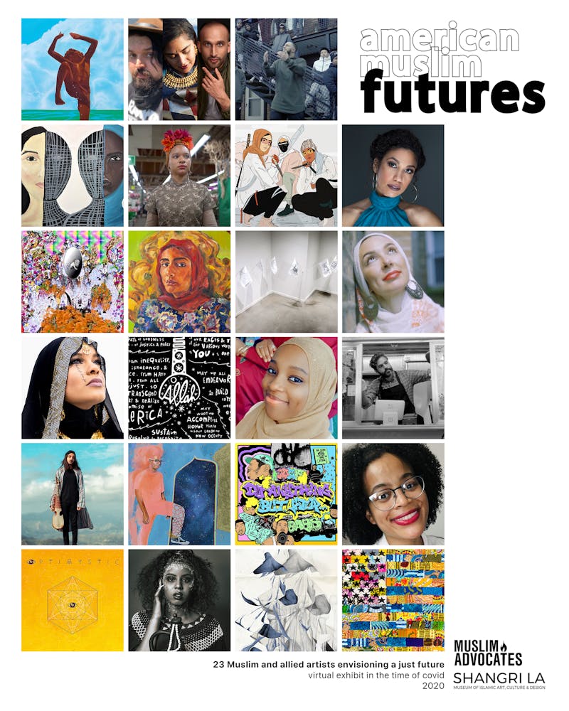 Image of artists and their artwork from the American Muslim Futures exhibition. 