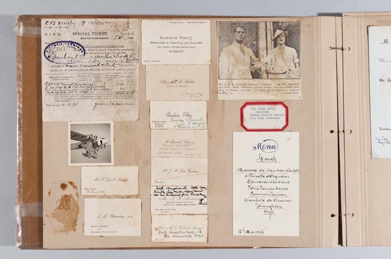 Page from the Duke-Cromwell honeymoon scrapbook. In the upper left is a train ticket from Bombay to Wardha for the meeting with Gandhi. Shangri La Historical Archives, Doris Duke Foundation for Islamic Art, Honolulu, Hawai’i.