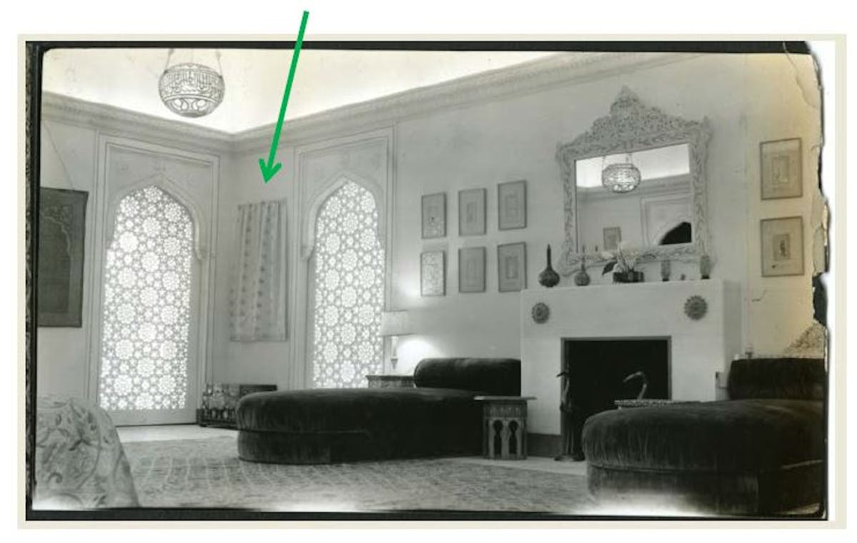 The original appearance of Doris Duke’s bedroom at Shangri La, with furnishings acquired during her travels in 1935 and 1938, March-April 1939. Shangri La Historical Archives, Doris Duke Foundation for Islamic Art, Honolulu, Hawai’i.